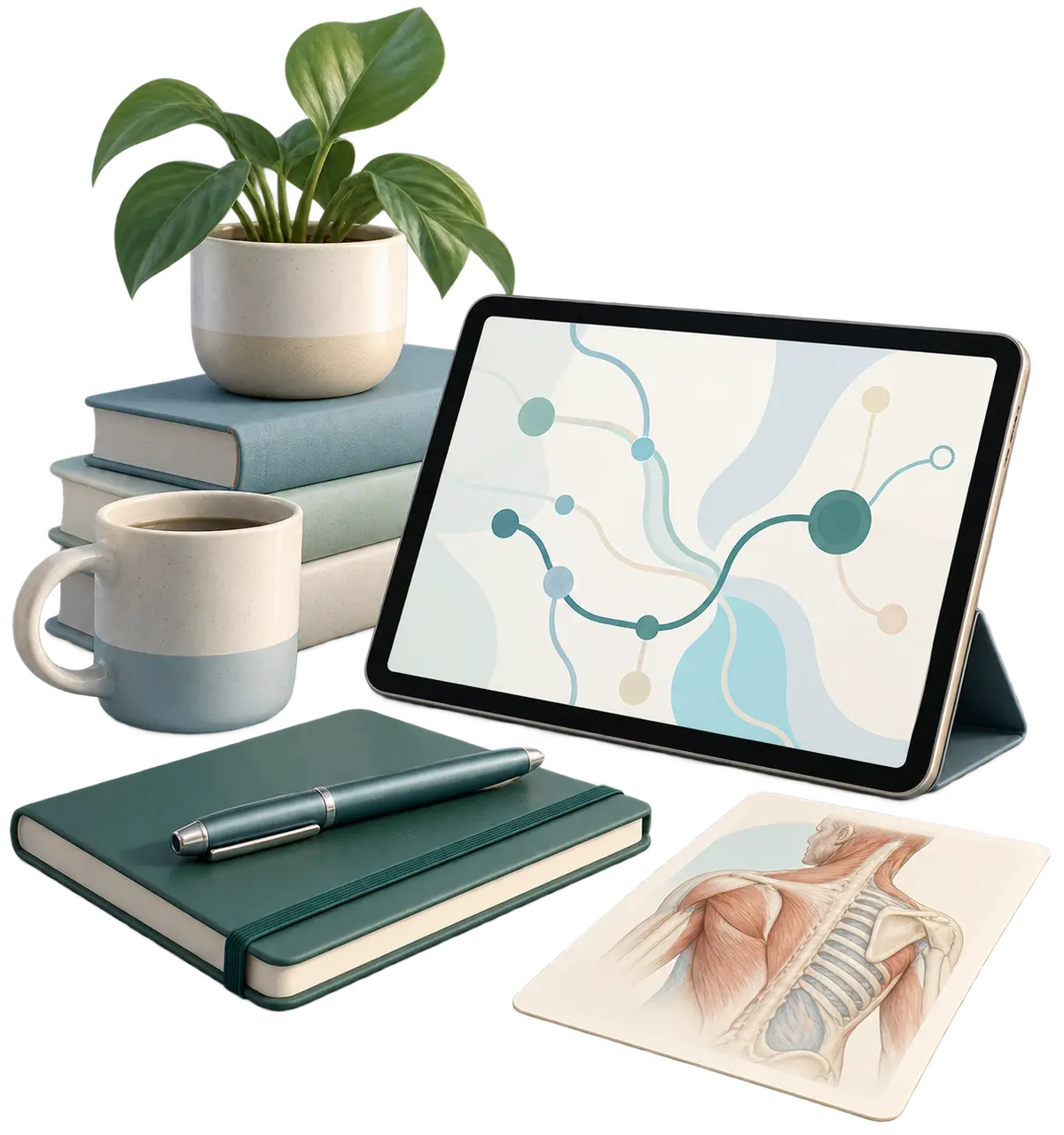 Independent clinician workspace with a tablet and anatomical reference card