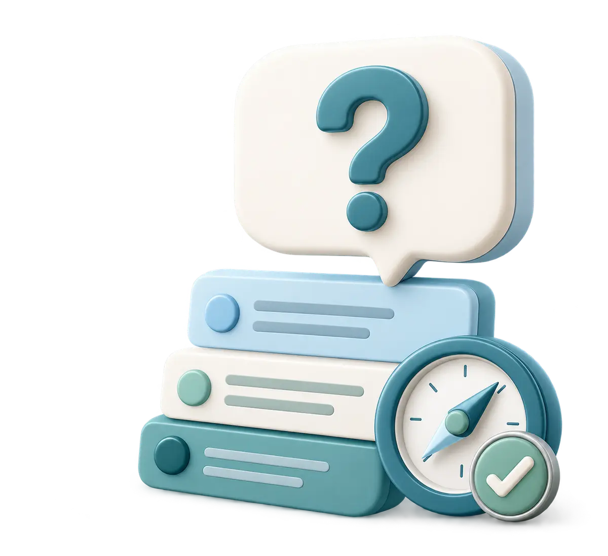 Question card, answer tabs, compass, and check mark