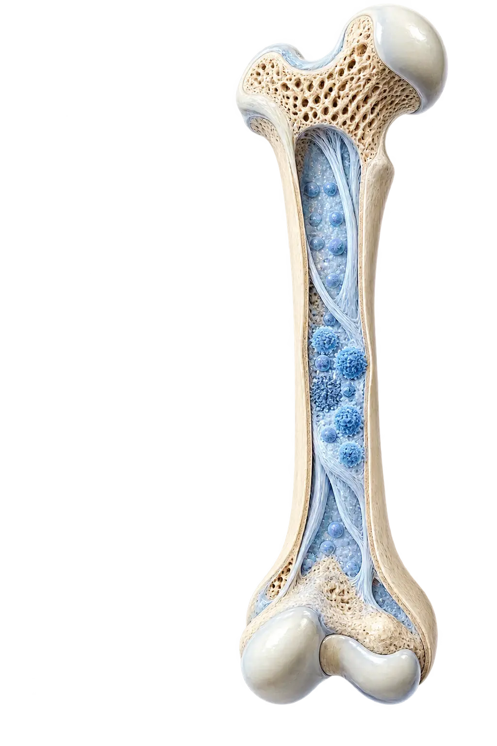 Cutaway illustration of a long bone with blue marrow and connective tissue